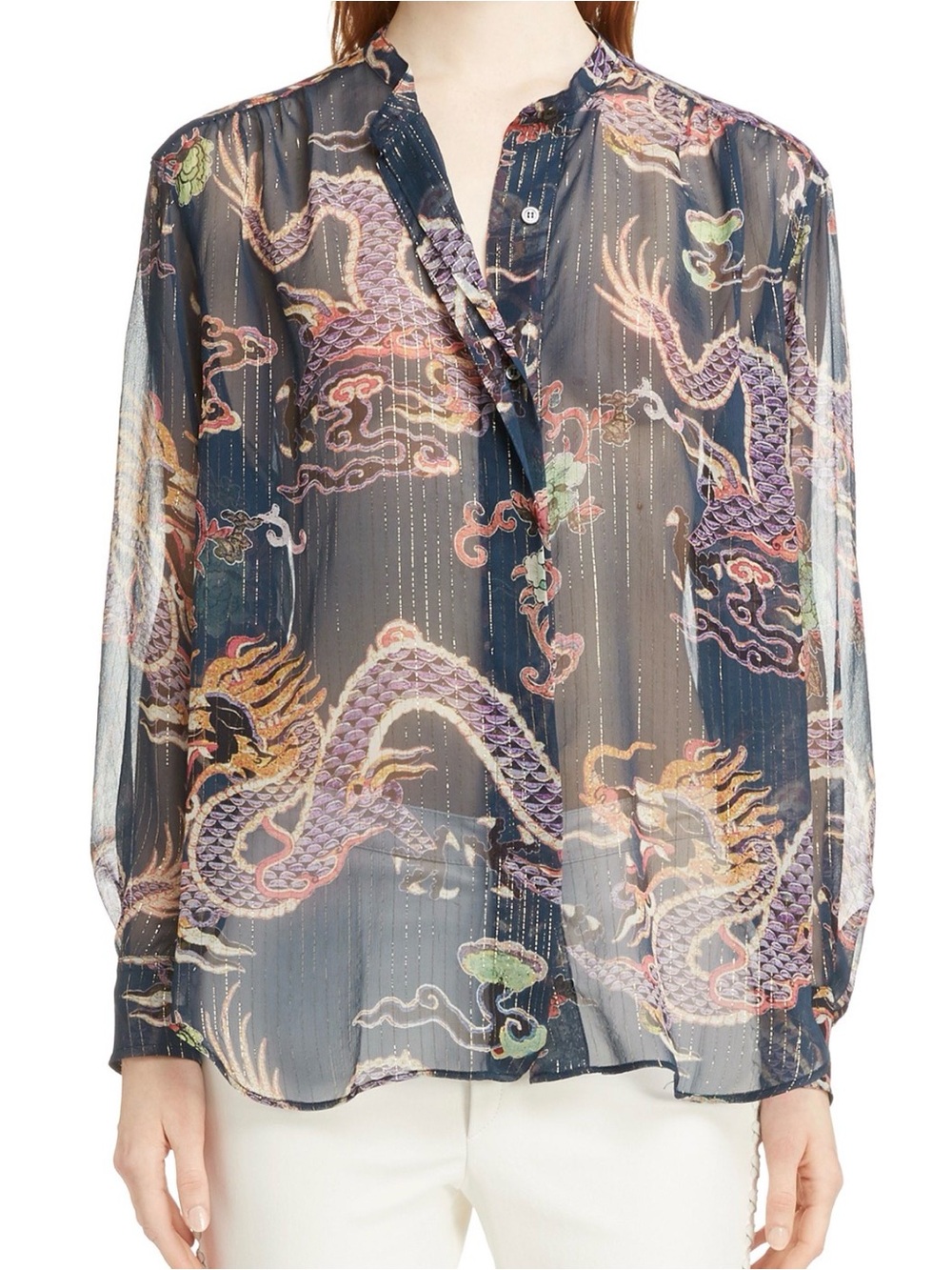 Isabel Marant Sheer Navy Daws Dragon Print Blouse - Women